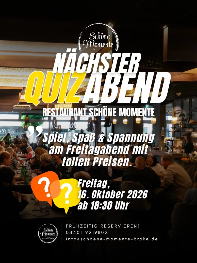 Quizabend im Restaurant Schöne Momente am Freitag, 16. Oktober 2026 ab 18:30 Uhr